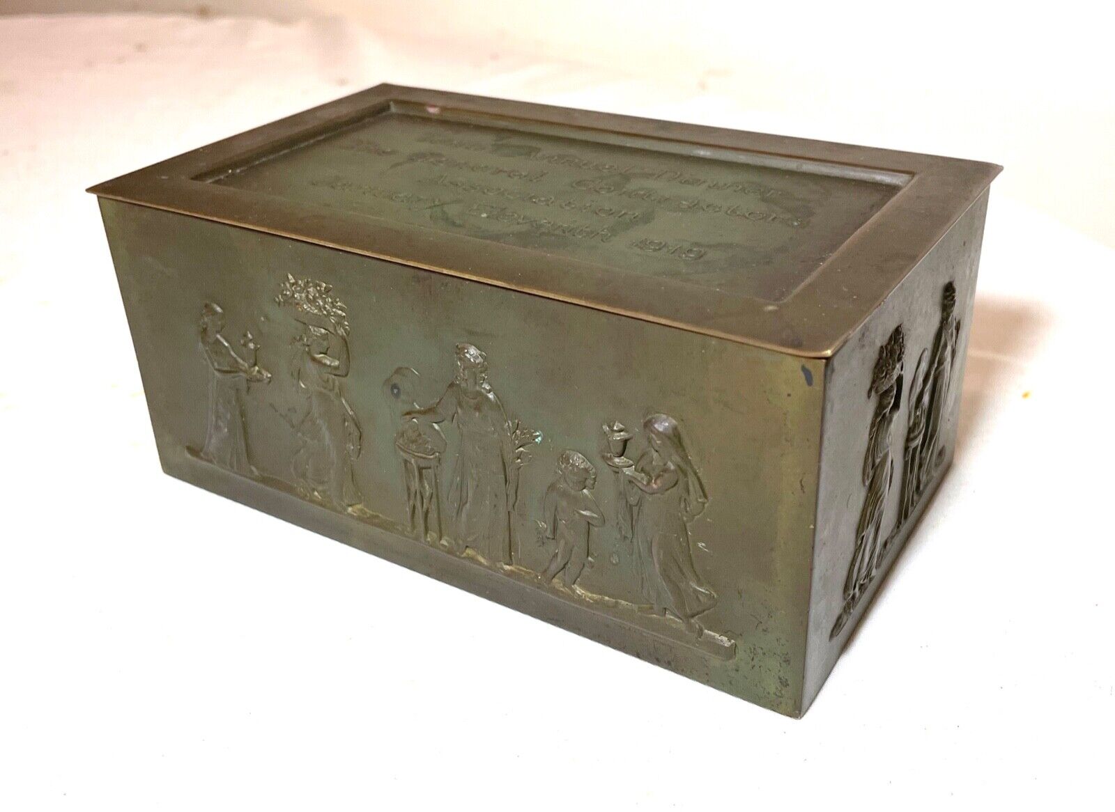 antique ornate 1919 figural bronze General Contractors Assoc. relief box casket