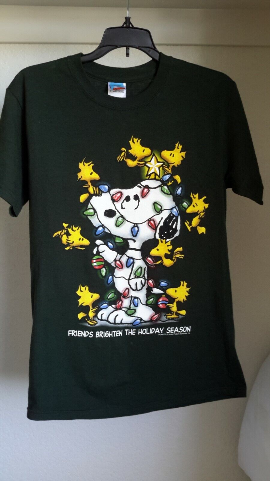 Peanuts Snoopy Christmas T-Shirt Size S \'Friends\' Green Gildan Heavy Cotton EUC