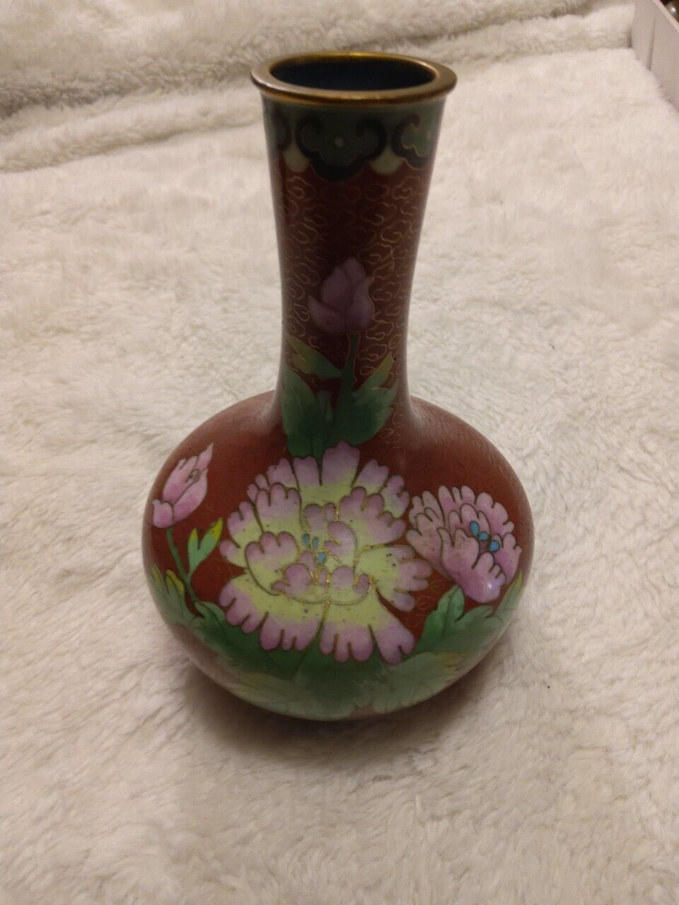 Vintage Small Chinese Brass Enamel Cloisonné Vase With Floral Decoration 6” Tall