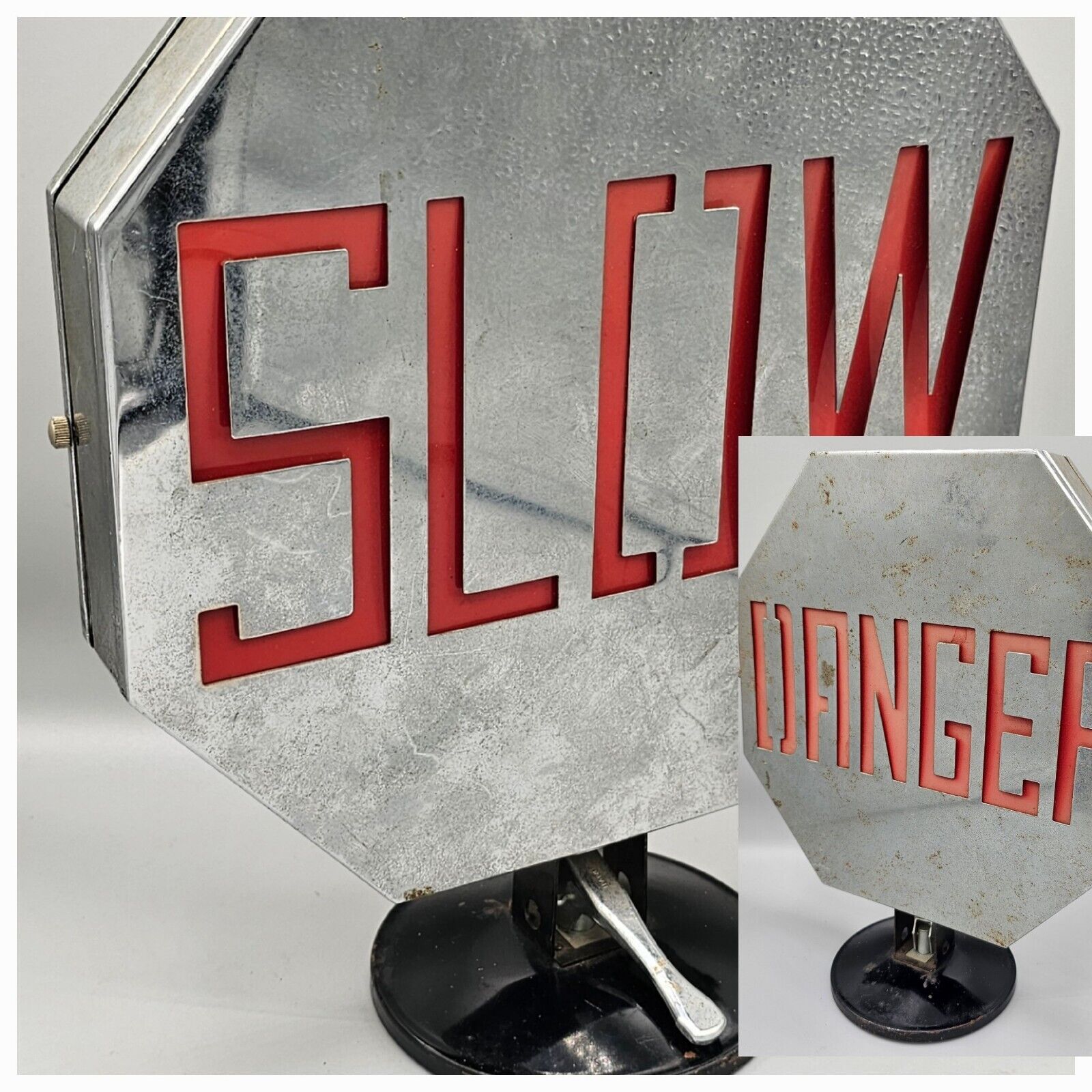 Vintage Slow / Danger Freestanding Metal Tin Sign Battery Operated 12\