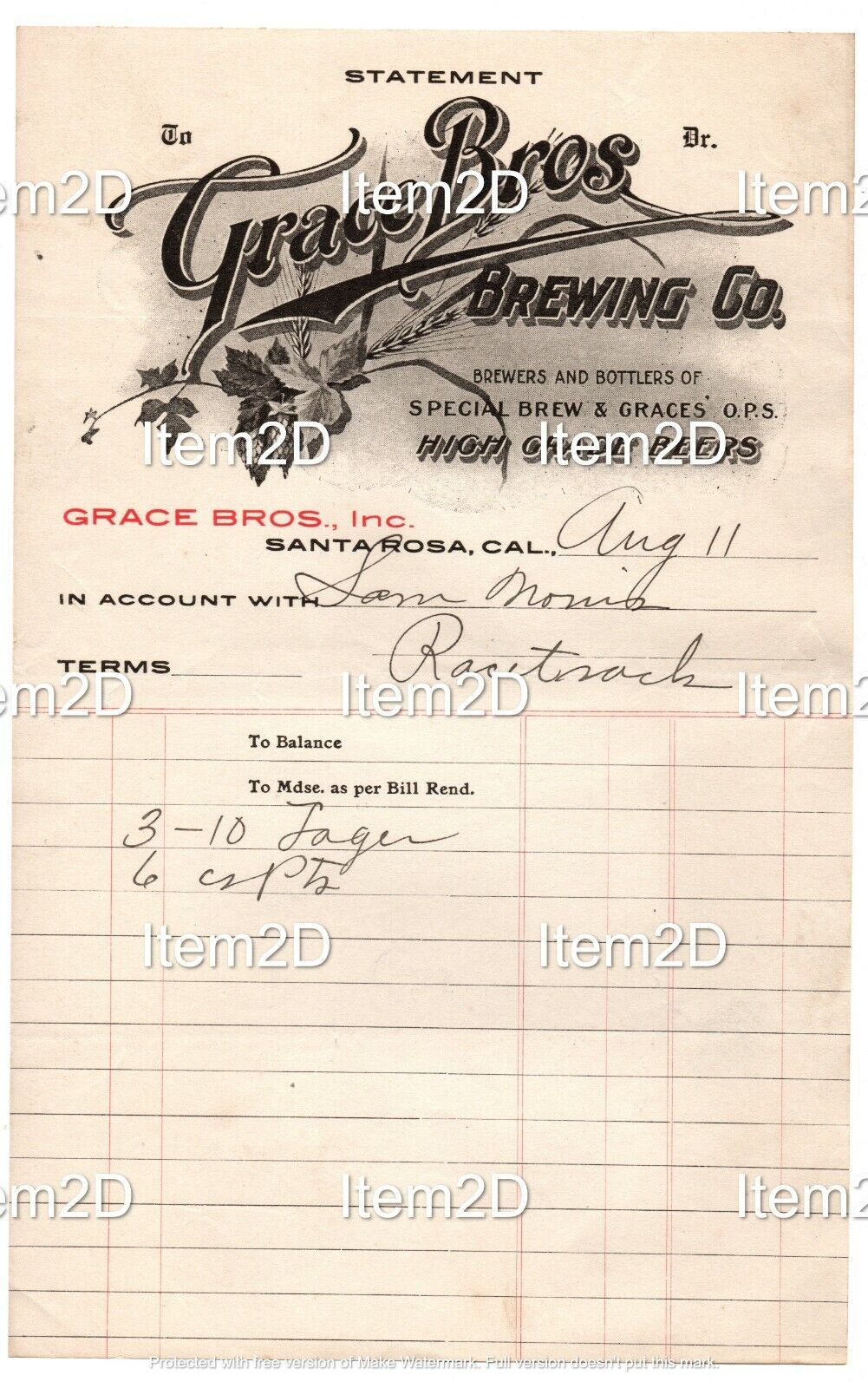 Vintage Grace Bros. Brewing Co. 1916 Billing Statement Santa Rosa CA Item2D