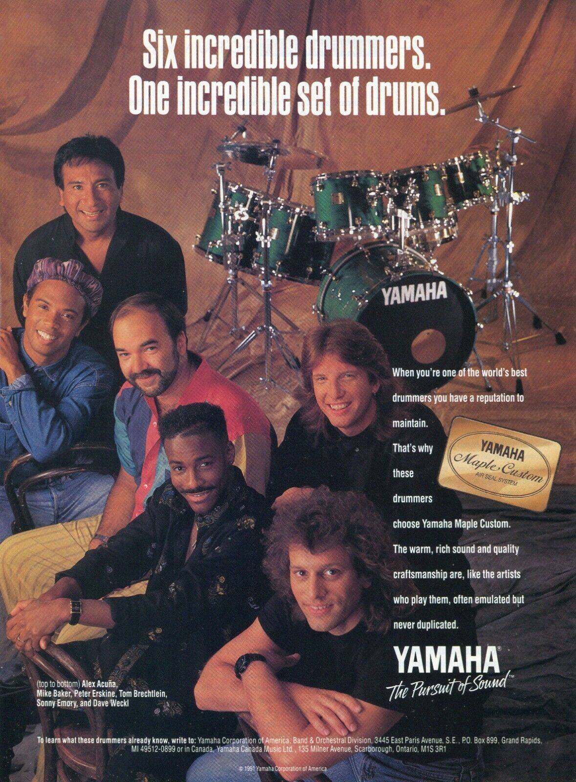 1992 Print Ad of Yamaha Maple Custom Drum Kit w Alex Acuna Dave Weckl Mike Baker