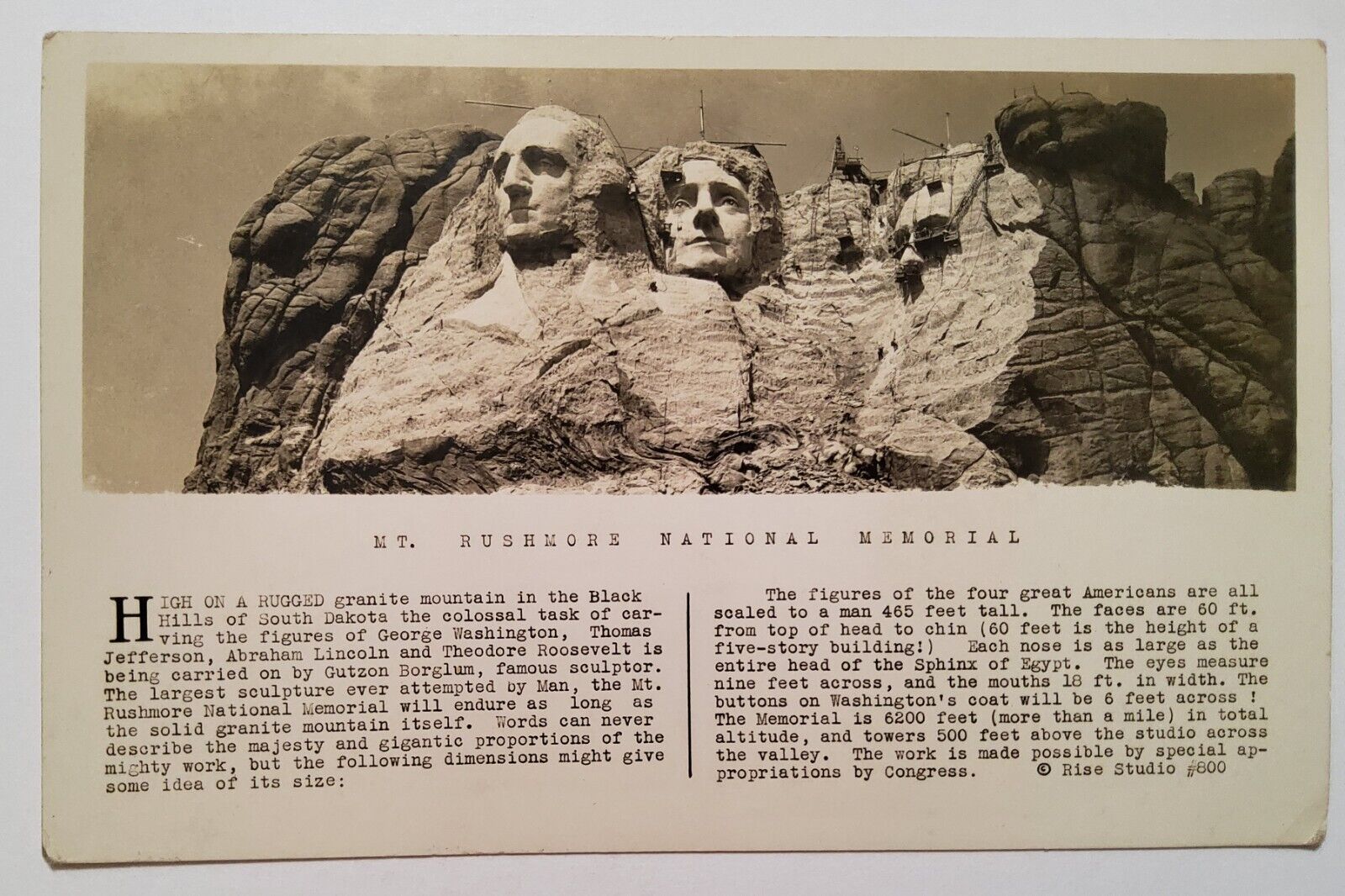 RPPC Mt Rushmore National Memorial During Carving and Facts Postcard Not Stamped
