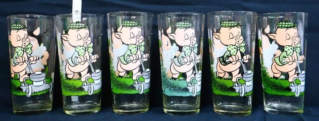Six 1976 Vintage Pepsi Porky Pig Glass Drinking Glasses 6”