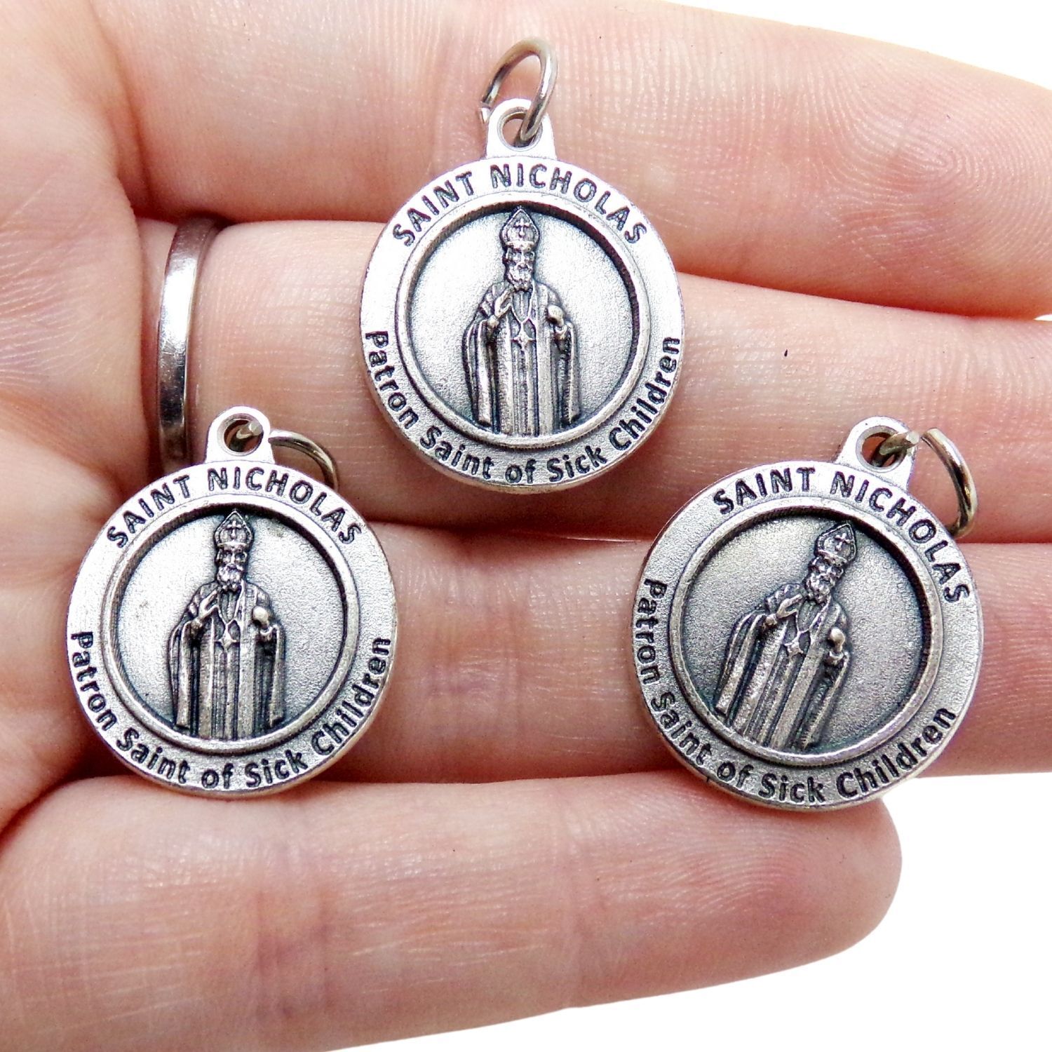 Patron St Saint Nicholas of Sick Children Silver Tone Medals Rosary Parts 1 In