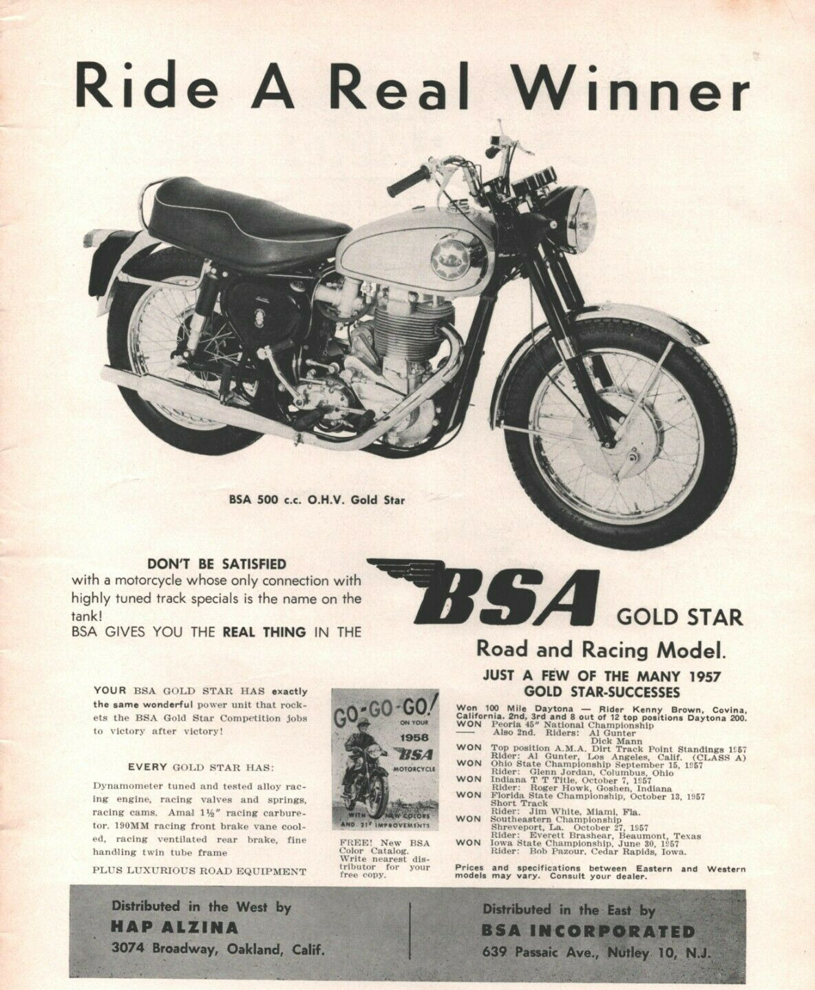 1958 BSA Gold Star Road & Racing Winners - Vintage Motorcycle Ad