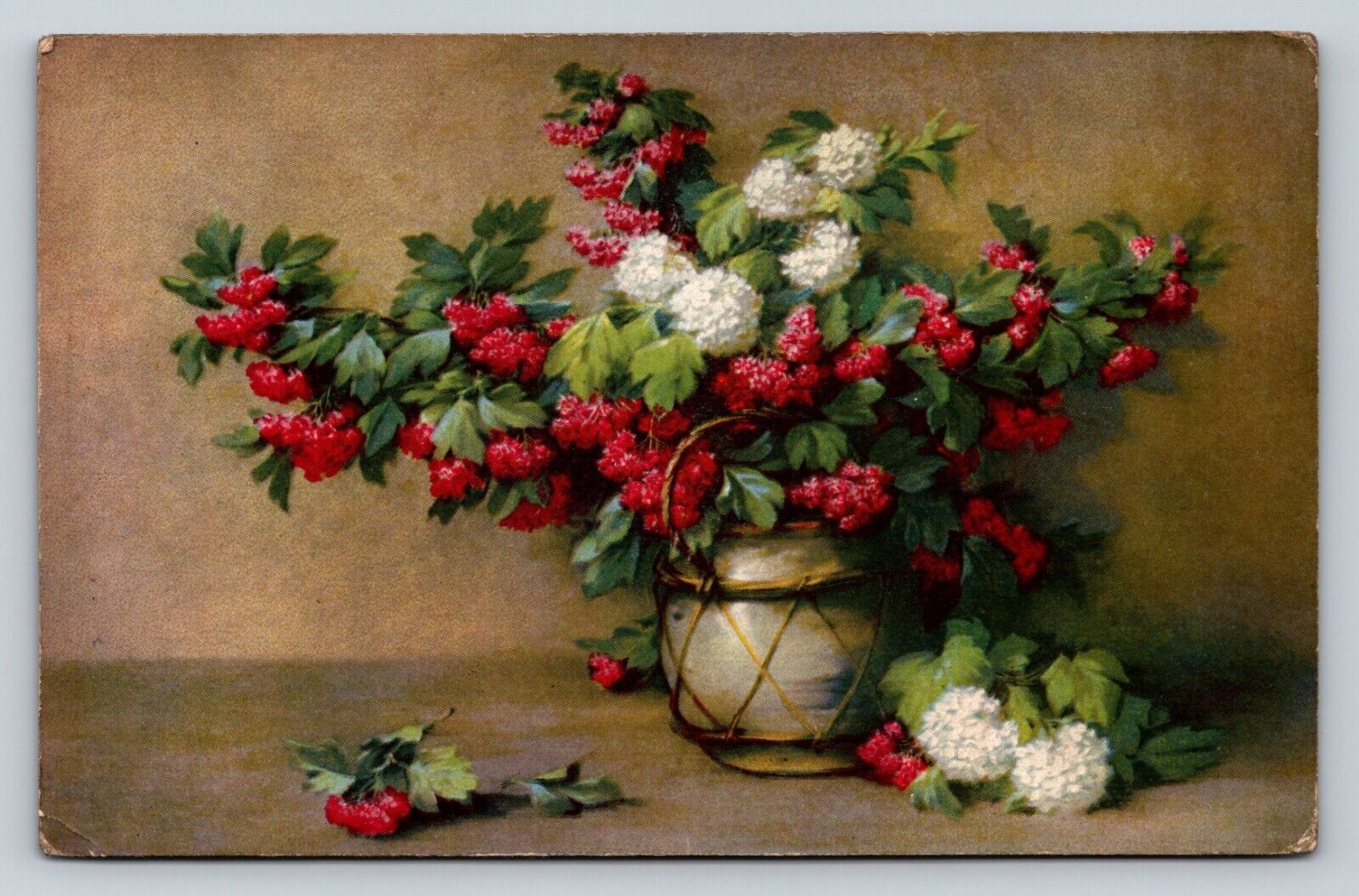 Beautiful Pot of Floral Bushel & Berry Raspberry Art Design Print VTG Postcard
