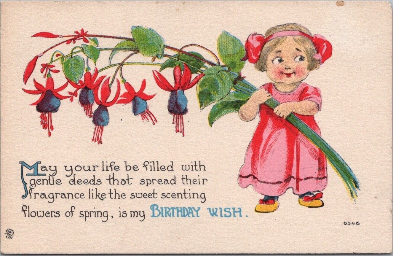 c1910s HAPPY BIRTHDAY Greetings Postcard Girl w/ Spring Flowers - BERGMAN #6346