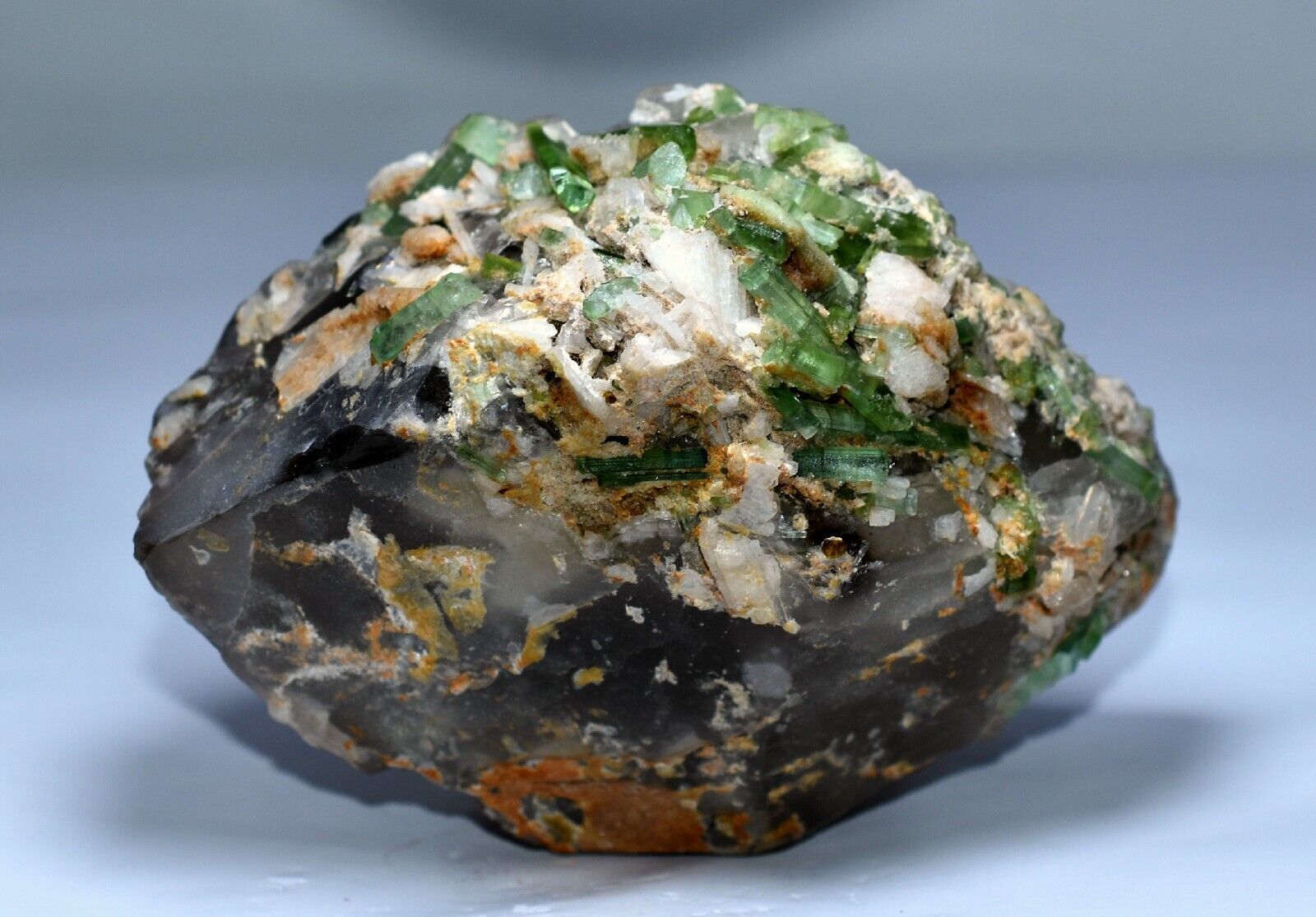 285 GM Magnificent Green Color Tourmaline On Smoky Quartz Crystals Specimen @Afg