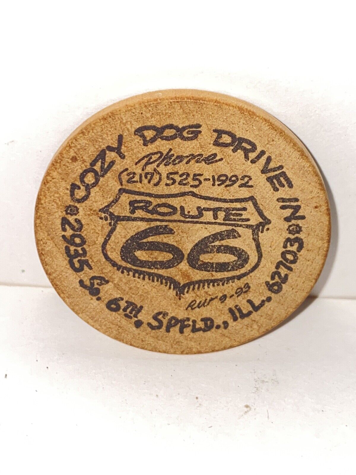 Rare Vintage Route 66 Cozy Dog Drive In Springfield IL Wood One Free Cozy Token