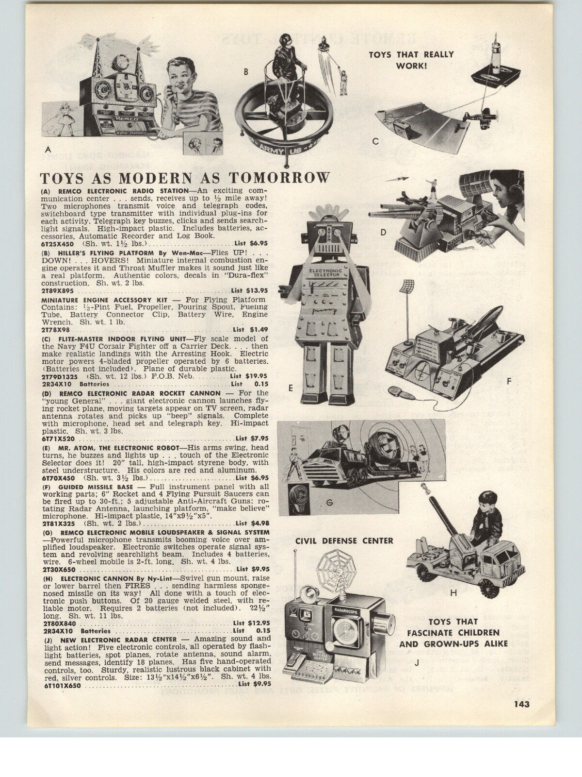 1957 PAPER AD Toy Mr Atom Robot Nylint Canno Hiller\'s Flying Platform Wen-Mac