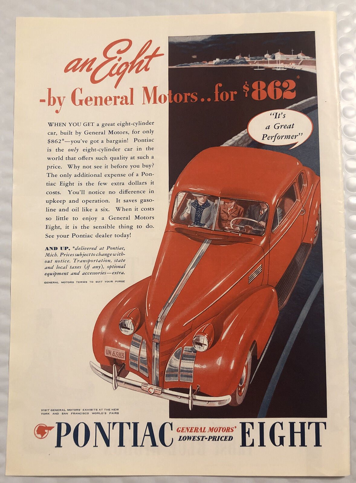 Vintage 1939 Pontiac Eight Print Ad - Full Page - It’s A Great Performer