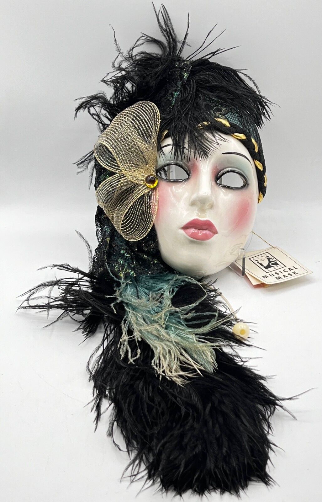 Vintage 1992 Clay Art Musical Mask, Black/Blue Feathers Ladies Head w/ Tags, EUC