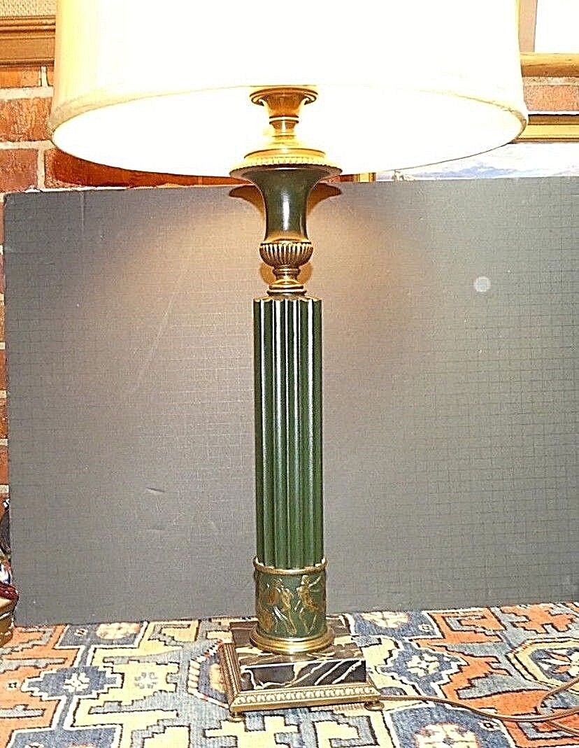 Vintage Cold Cast Brass Fluted Column Greco Wrestling Marble Base Table Lamp WOW
