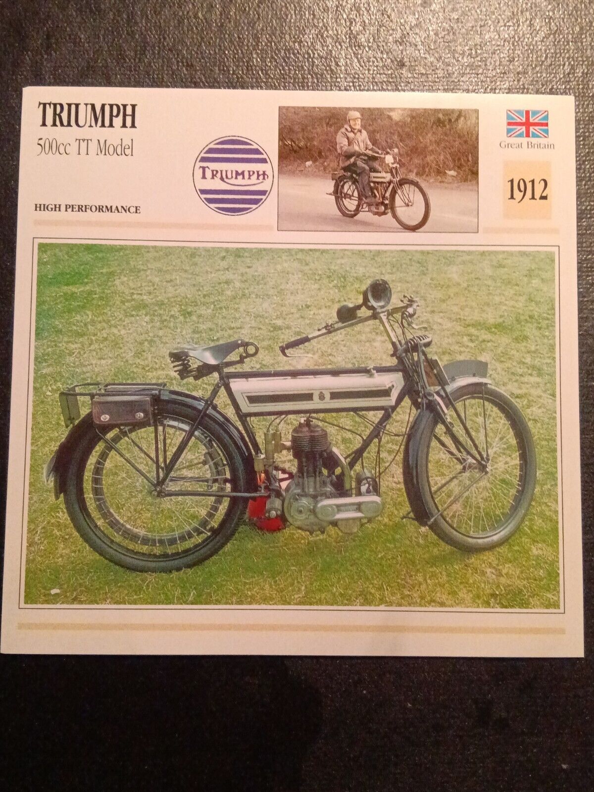 1912 Triumph 500cc TT Model 3.5 hp Tourist Trophy Motorcycle  Spec Card New
