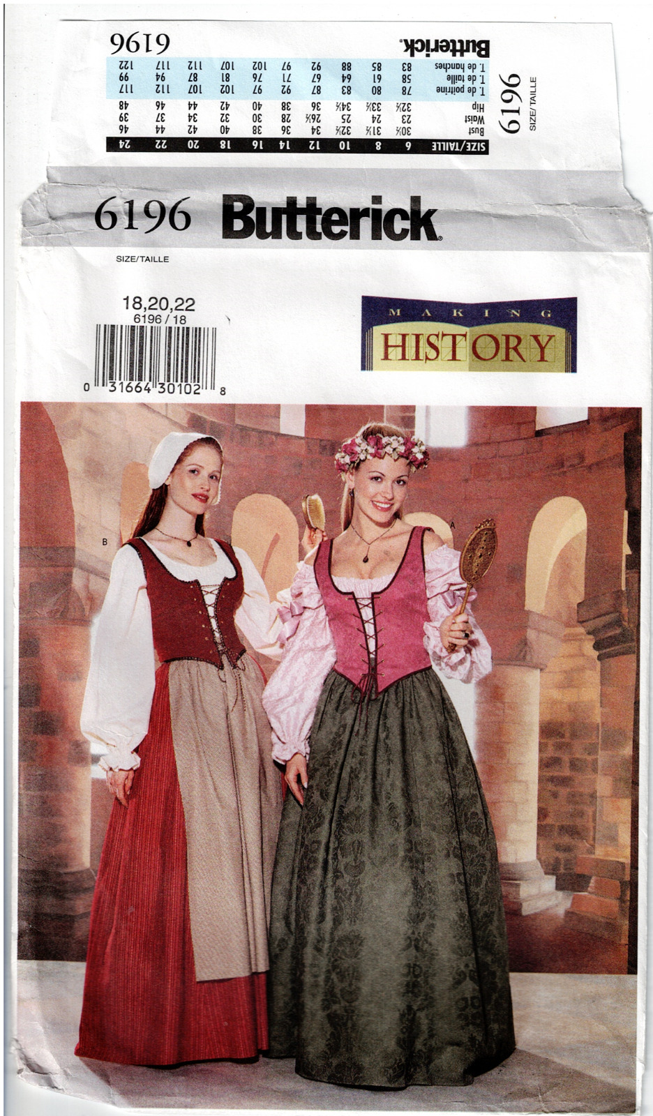 6196 Butterick Medieval Historical  Costume Dress uncut sewing Pattern  18 20 22