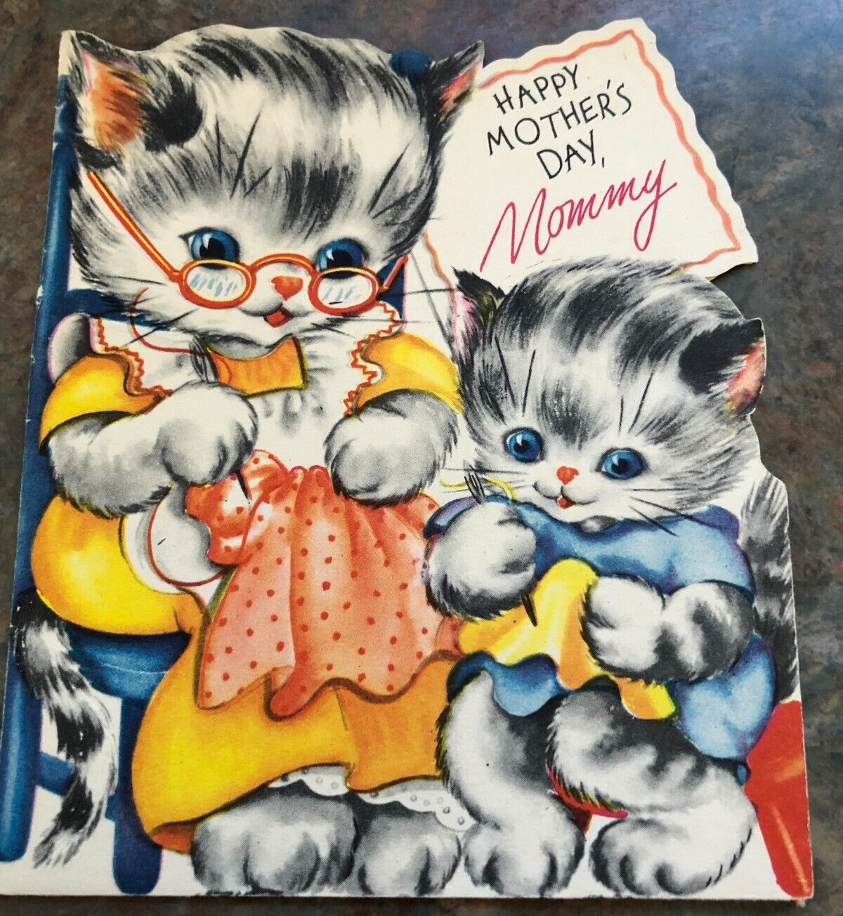 Mother\'s Day Mommy Cat Kitten Sewing Dress Diecut Embossed Vtg Card  J