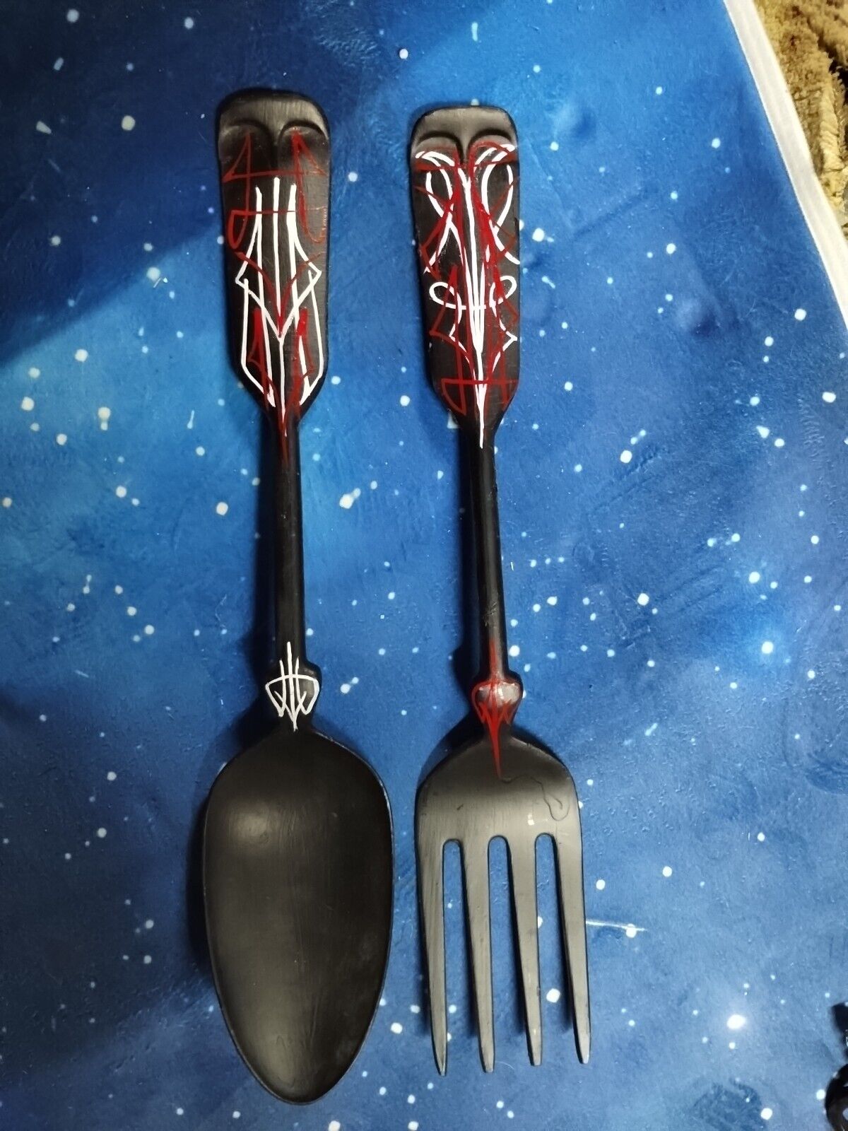 Vintage Metal Fork And Spoon Metal Wall hanger Custom Pinstriped Painted