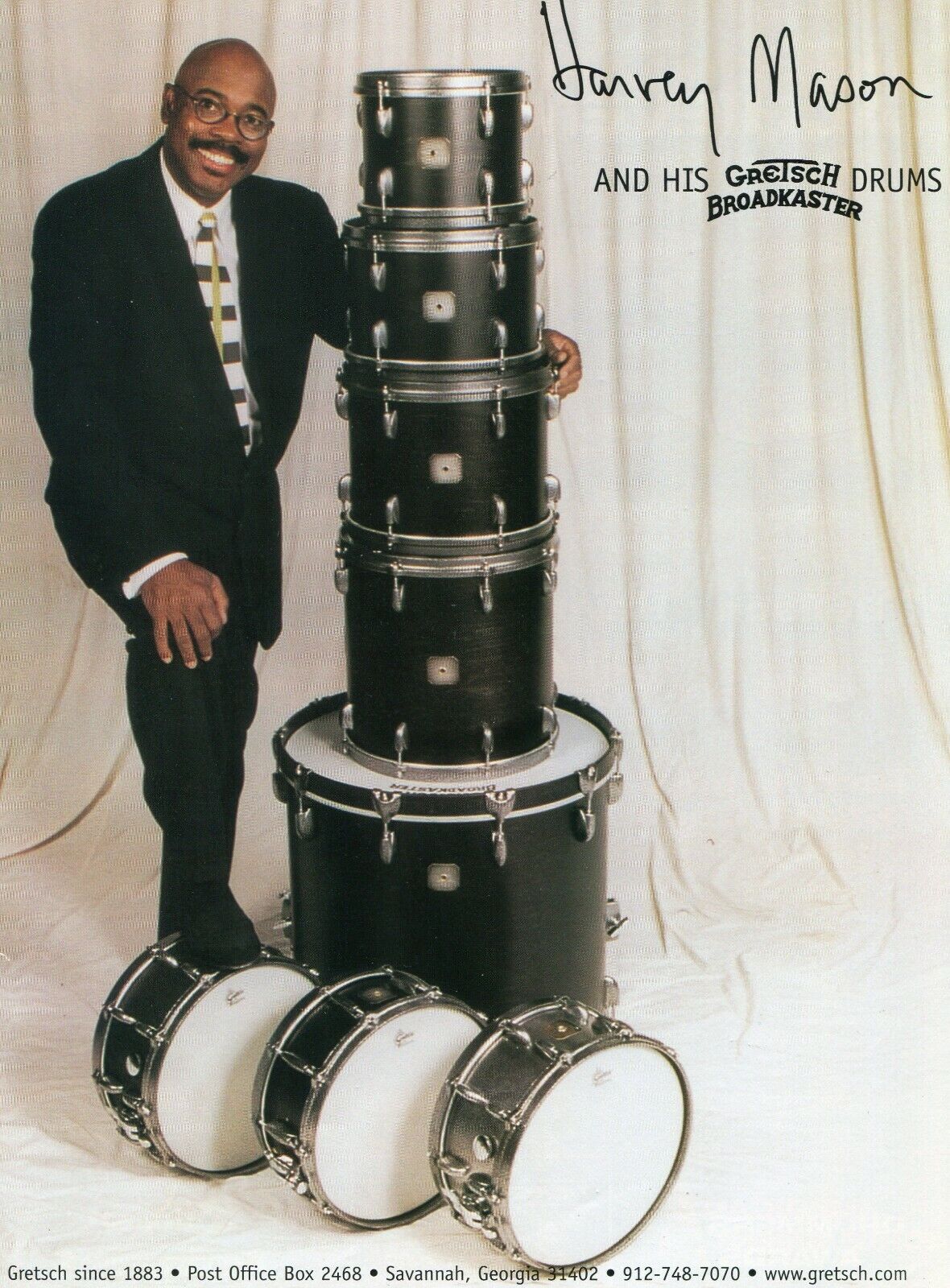 1998 Print Ad of Gretsch Broadkaster Drum Kit w Harvey Mason