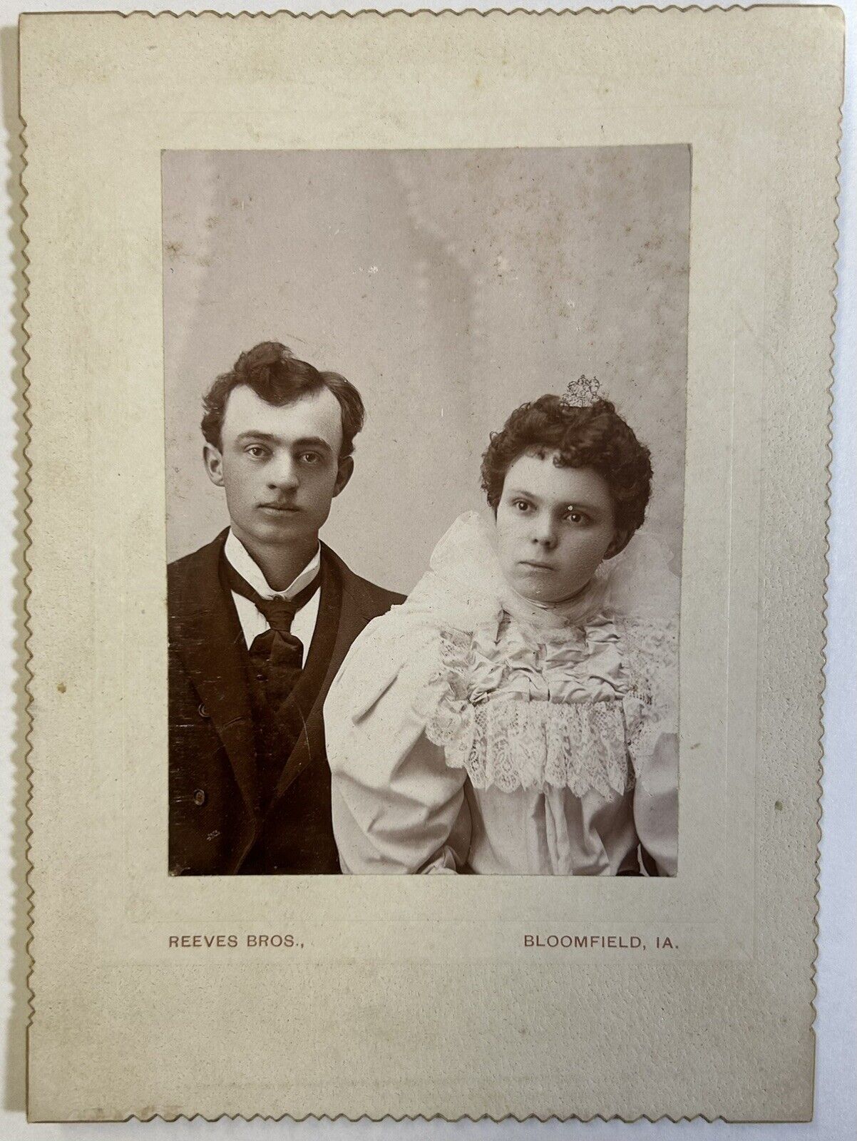 Reeves Bros. Bloomfield, Iowa Antique Couple Photo, Fancy Attire, Black & White