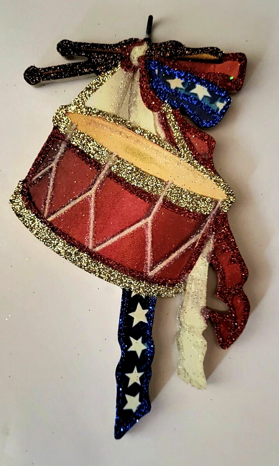 RED DRUM w RED, WHITE & BLUE RIBBONS, STARS  - Glitter JULY 4 PATRIOTIC ORNAMENT