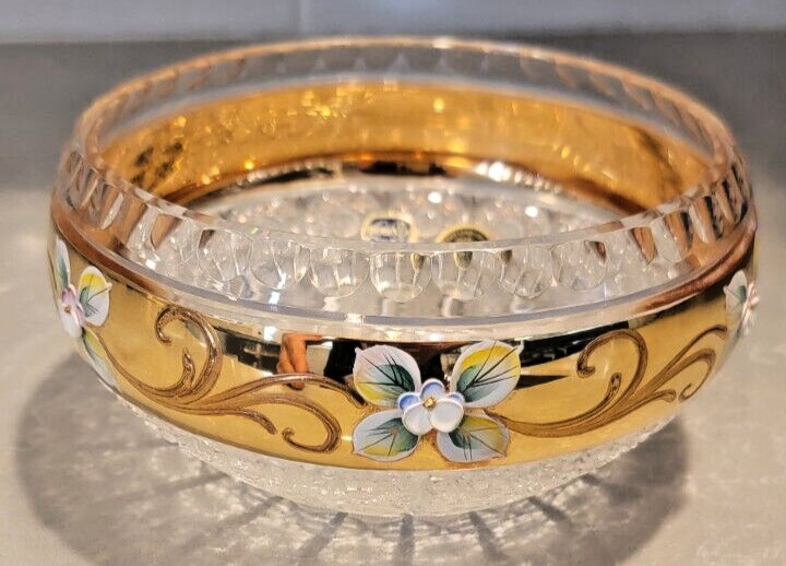VTG Gold Stripe Floral Rossi Bohemia Czech Hand Cut Lead Crystal 6\