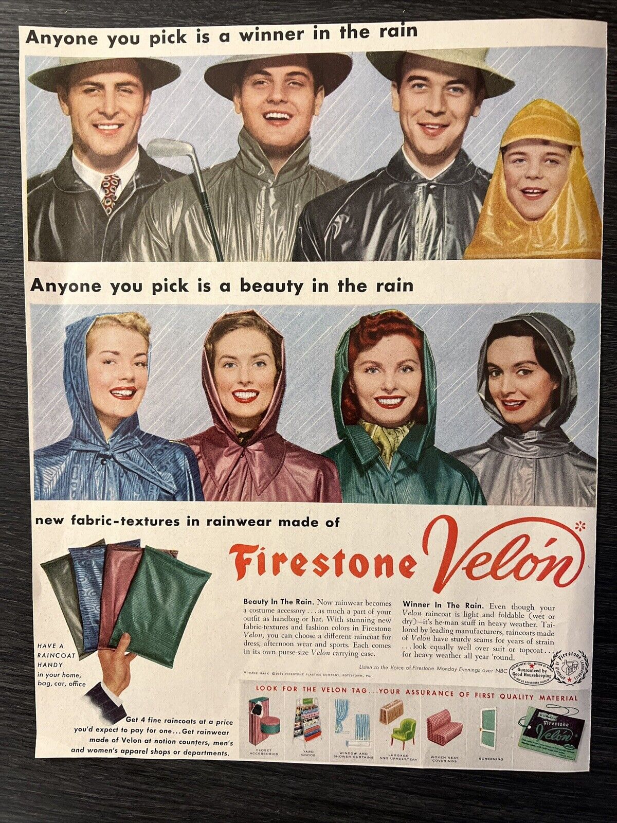 1951 Firestone Velon Rainwear Vintage Ad Print (1950s - Automotive)