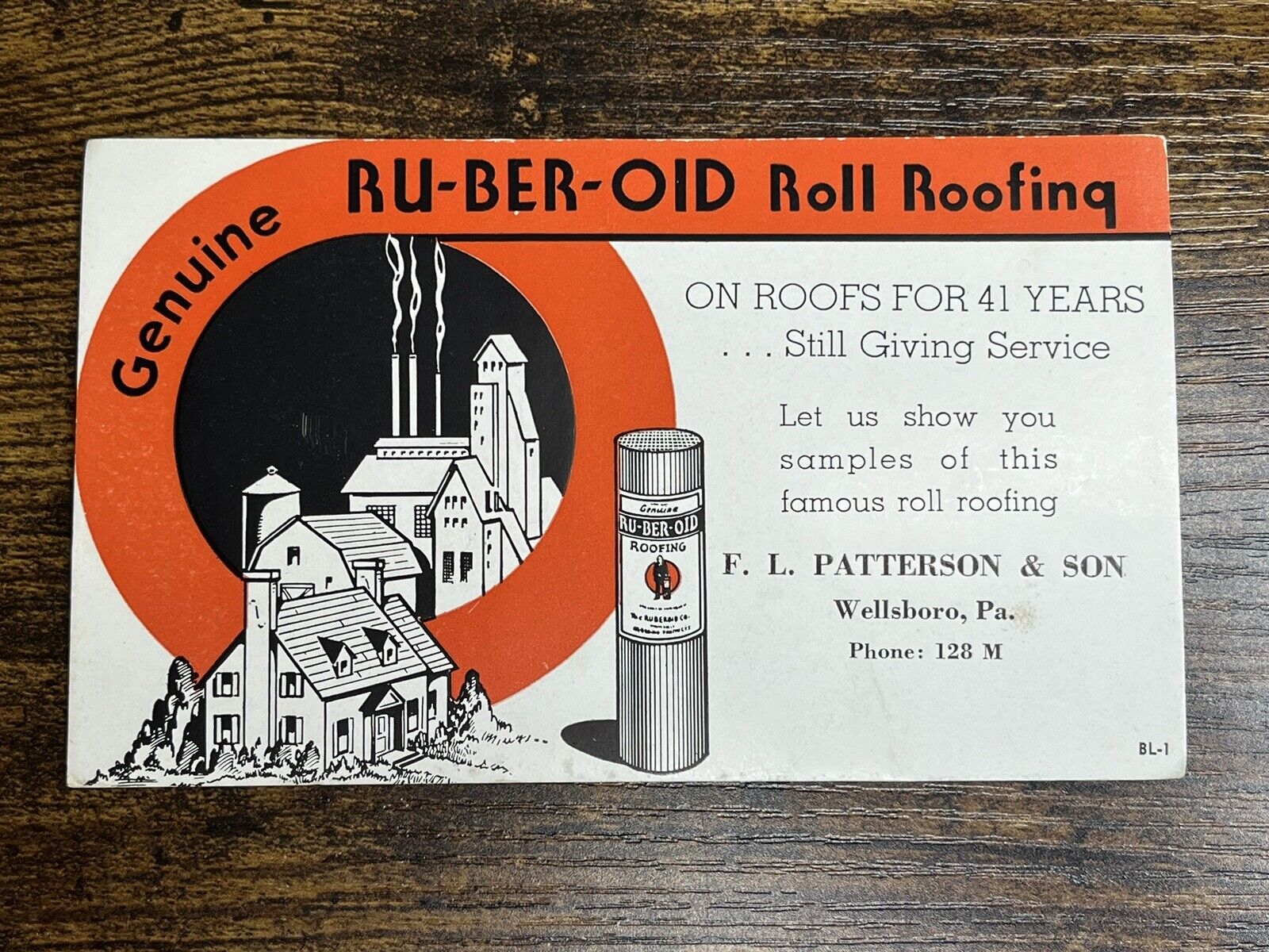 Ad Card: Ru-ber-oid Roll Roofing Patterson & Son Wellsboro PA Post Card Trade