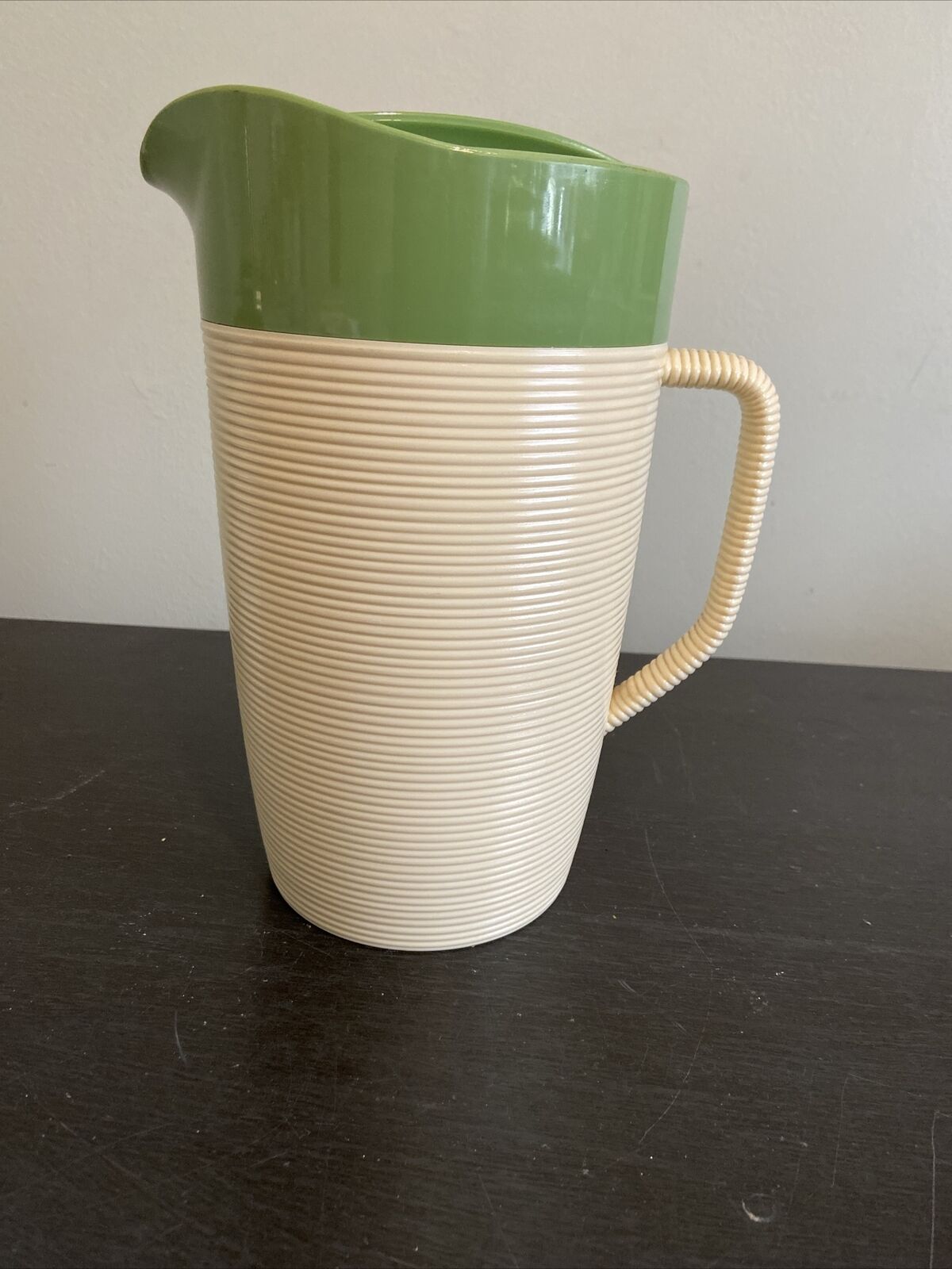 Vintage Raffiaware by Thermo-Temp Pitcher Cream With Green Trim Ribbed