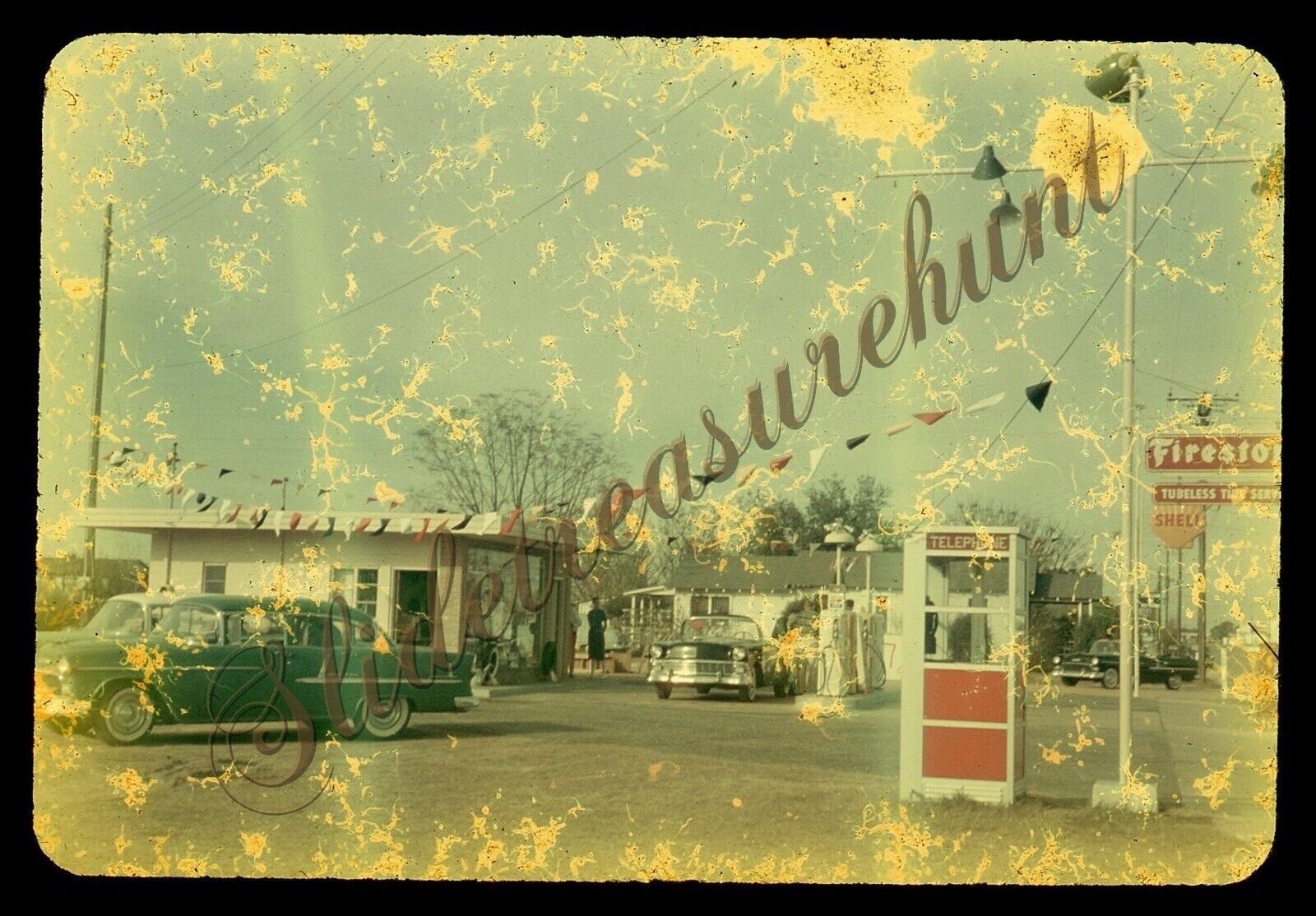 Shell Gas Station Cars 35mm Slide 1950s Damaged Firestone Telephone Booth