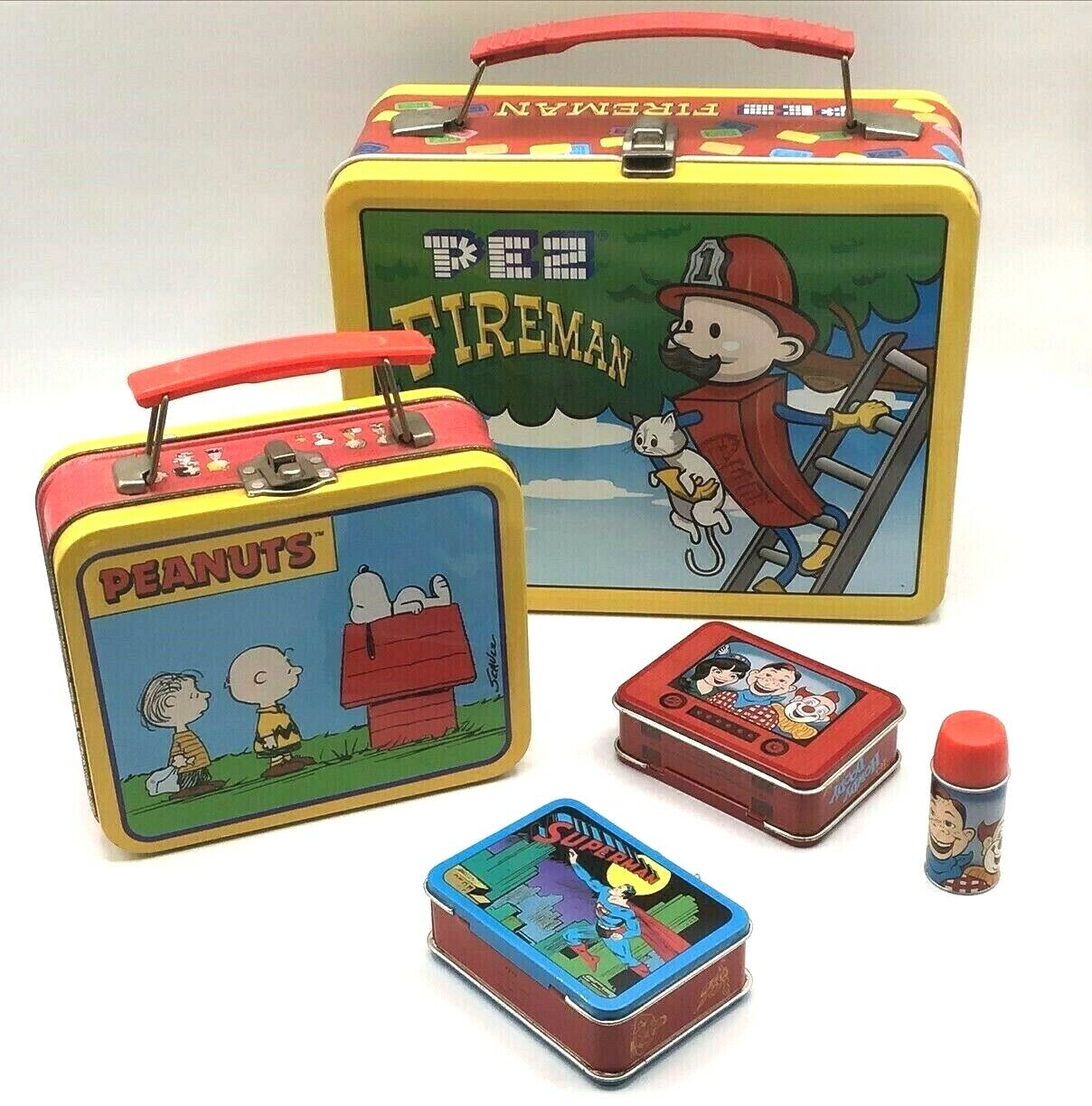 4 metal lunchboxes - PEZ, PEANUTS, SUPERMAN, HOWDY DOODY w/THERMOS 1998-2002