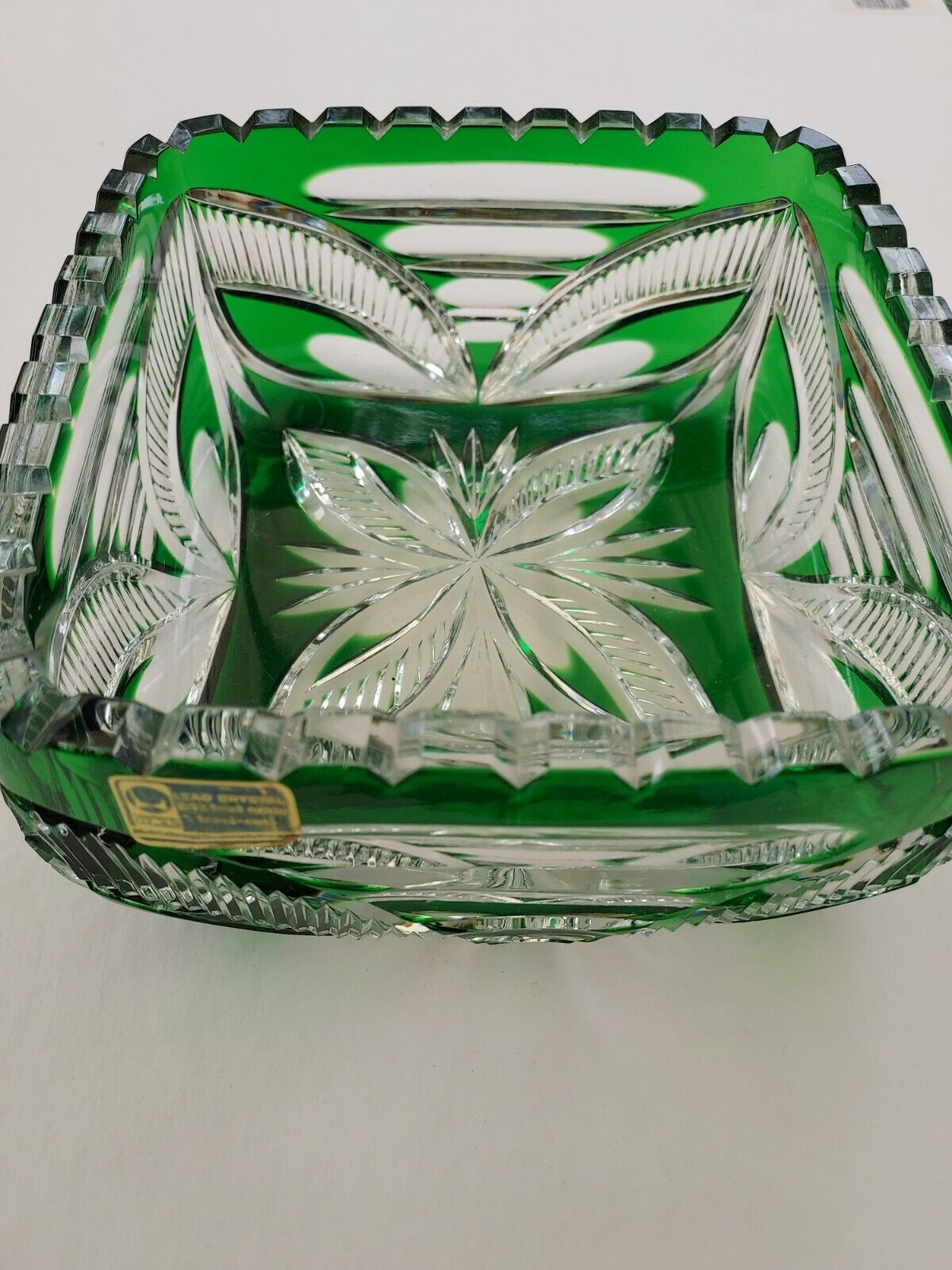 Vintage Cut To Clear Crystal Green Square Bowl German, 1980s, 6.5\