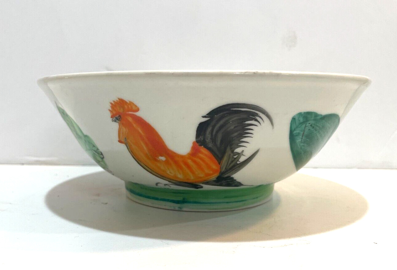 Vtg Chinese hand painted porcelain Rice bowls Peony and rooster 8” Set of 6