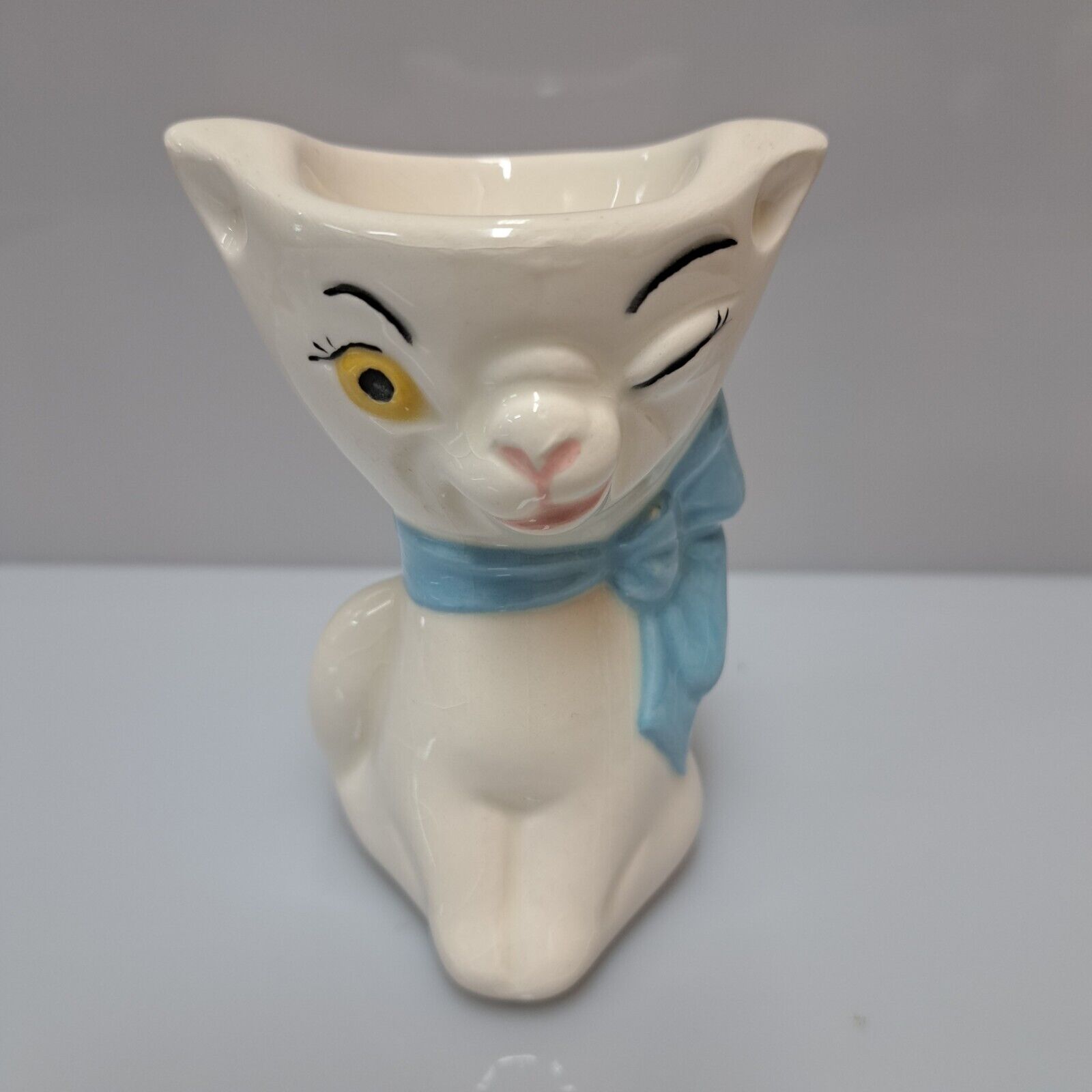 Vintage Porcelain Anthropomorphic Winking Cat Egg Cup Kitsch Decor 