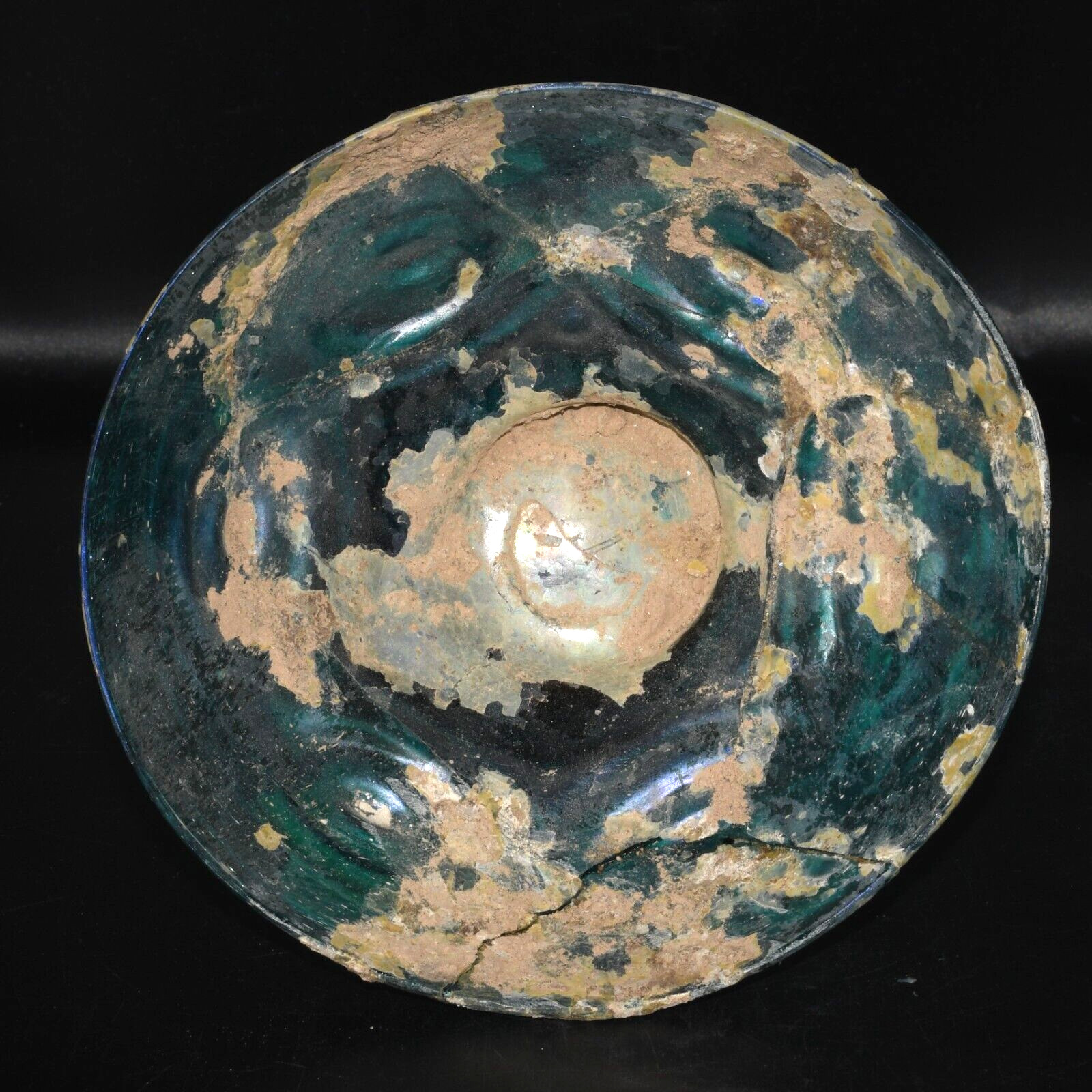 Ancient Roman Glass Bowl with Facet Cut Design & Rainbow Patina Ca. 3rd Century