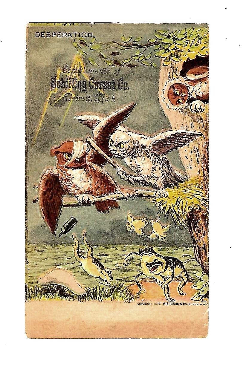 c1880 Trade Card Dr. Schilling's Corset Co. Fogs & Owls Fighting Desperation