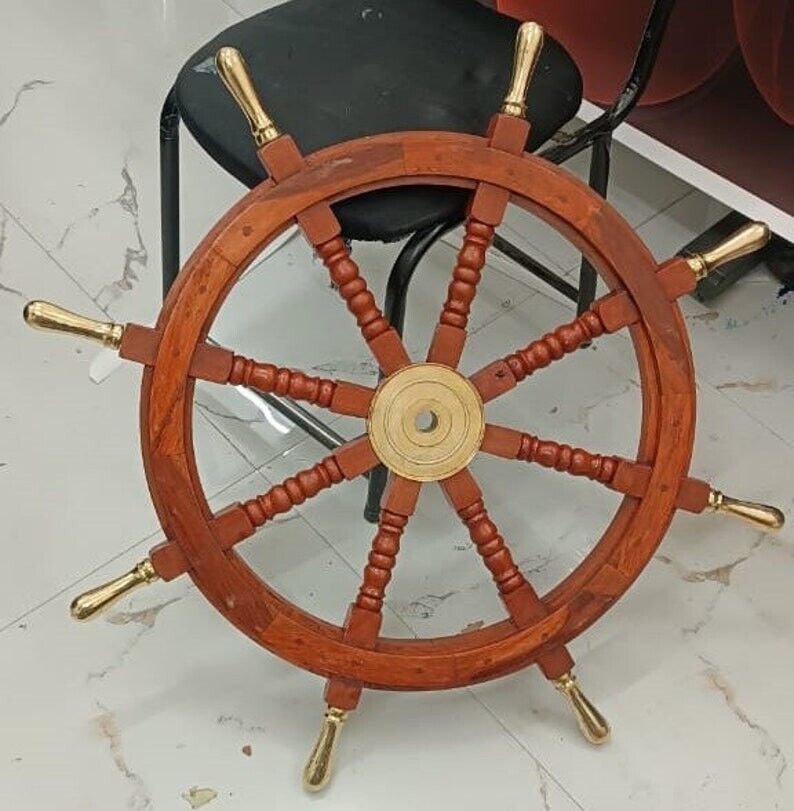 Anchor wooden Brass Ship wheel Captain Steering Nautical Marine Home Wall Decor