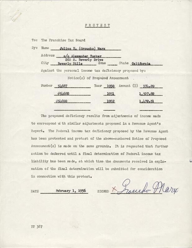 GROUCHO (JULIUS) MARX - DOCUMENT SIGNED 02/01/1956