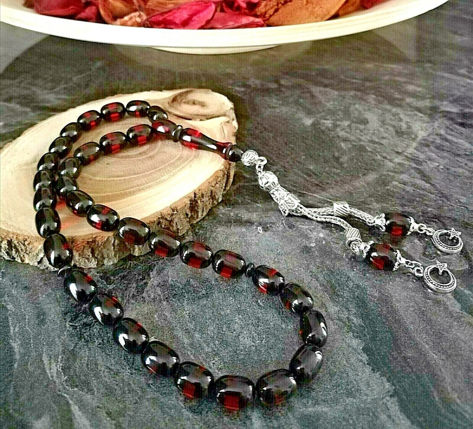 REAL Tightening Amber Islamic Prayer 33 beads, Tasbih, Misbaha, Tasbeeh, 10x7mm