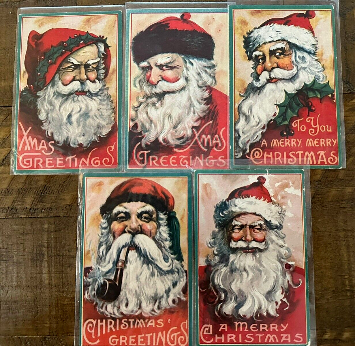 Rare~Set  of 5~Full Face~SANTA CLAUS~ Antique 1910 Christmas Postcards Lot~k665