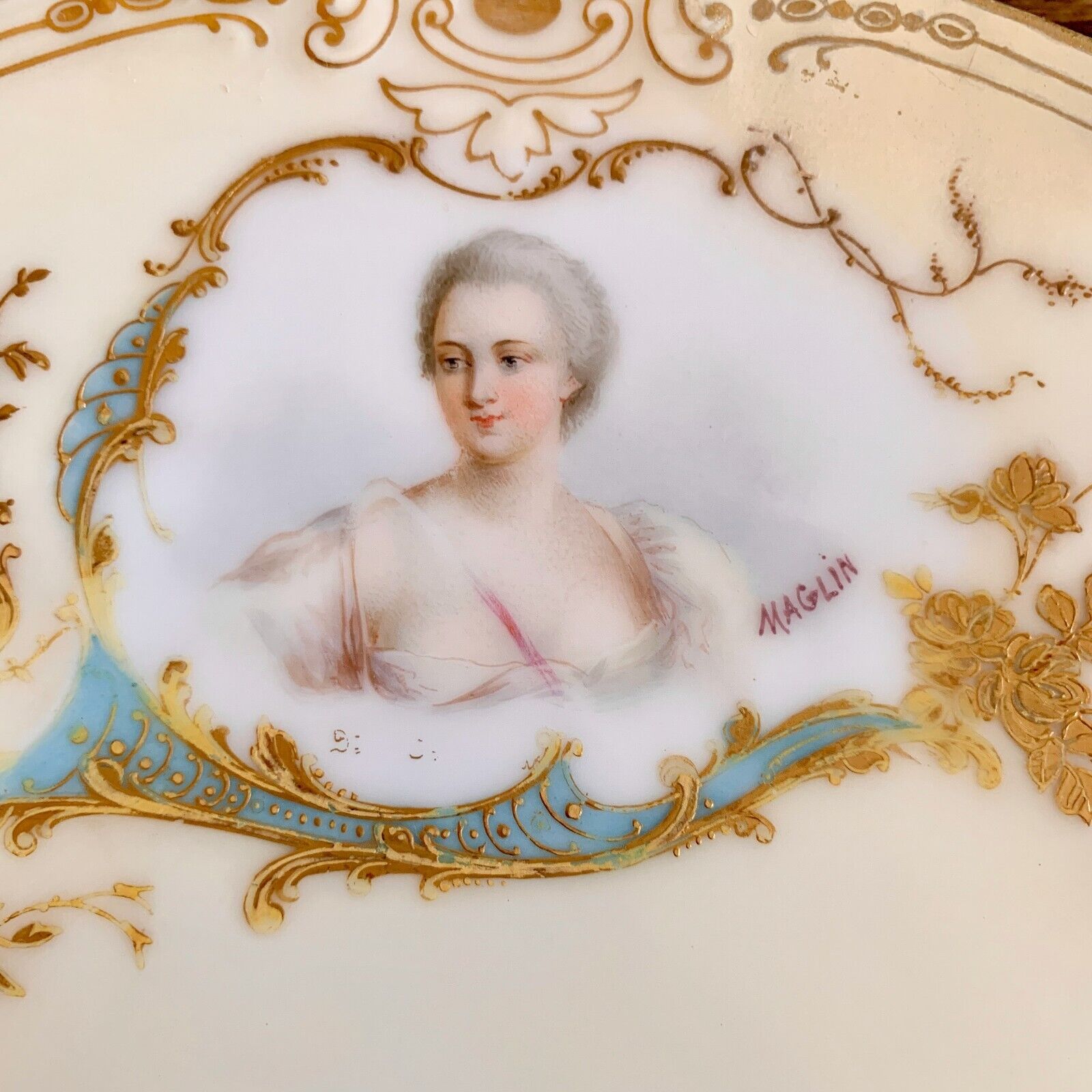 Antique Sevres Style Portrait Plate Duchesse de Chateauroux Signed Maglin