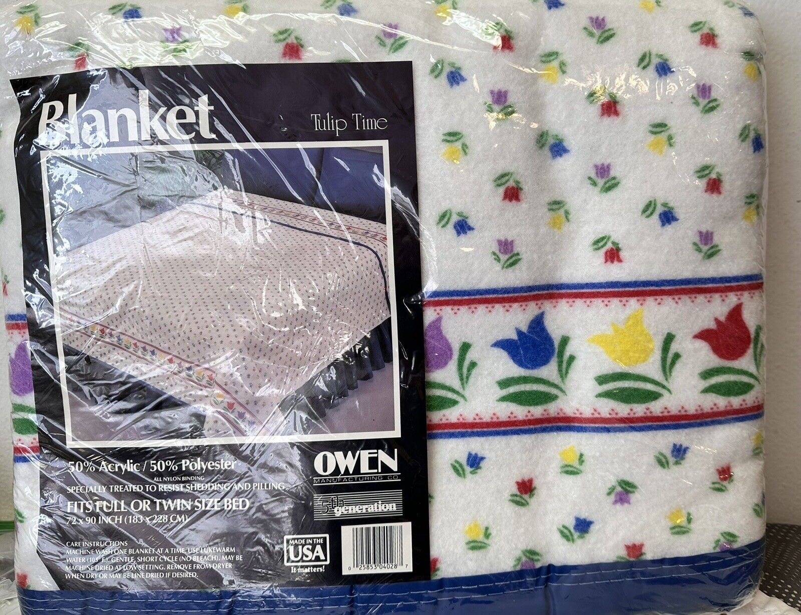 NOS Vintage Owen Satin Edging Full / Twin TULIP TIME Floral Acrylic Poly Blanket