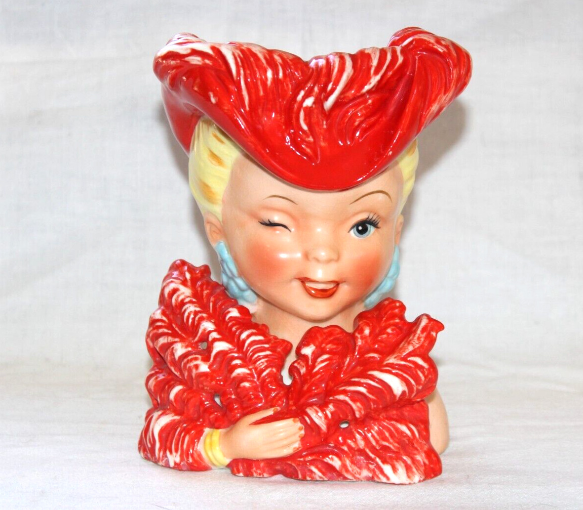 Vintage Rare Red Norcrest Lady Head Vase Feathered Fan Dancer Winking Eye