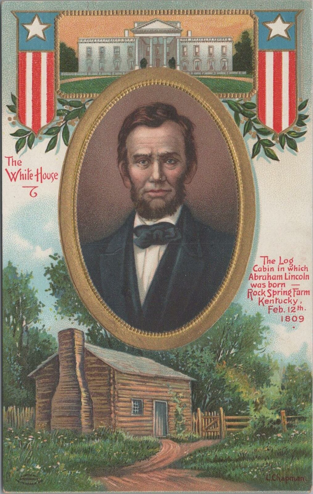 Patriotic Postcard Abraham Lincoln White House Long Cabin Rock Spring Farm KY