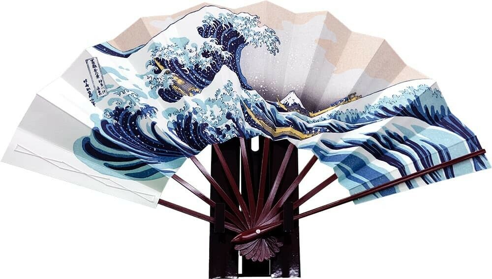 Woodblock print Ukiyo-e Big Wave Hokusai with fan stand by IBASEN