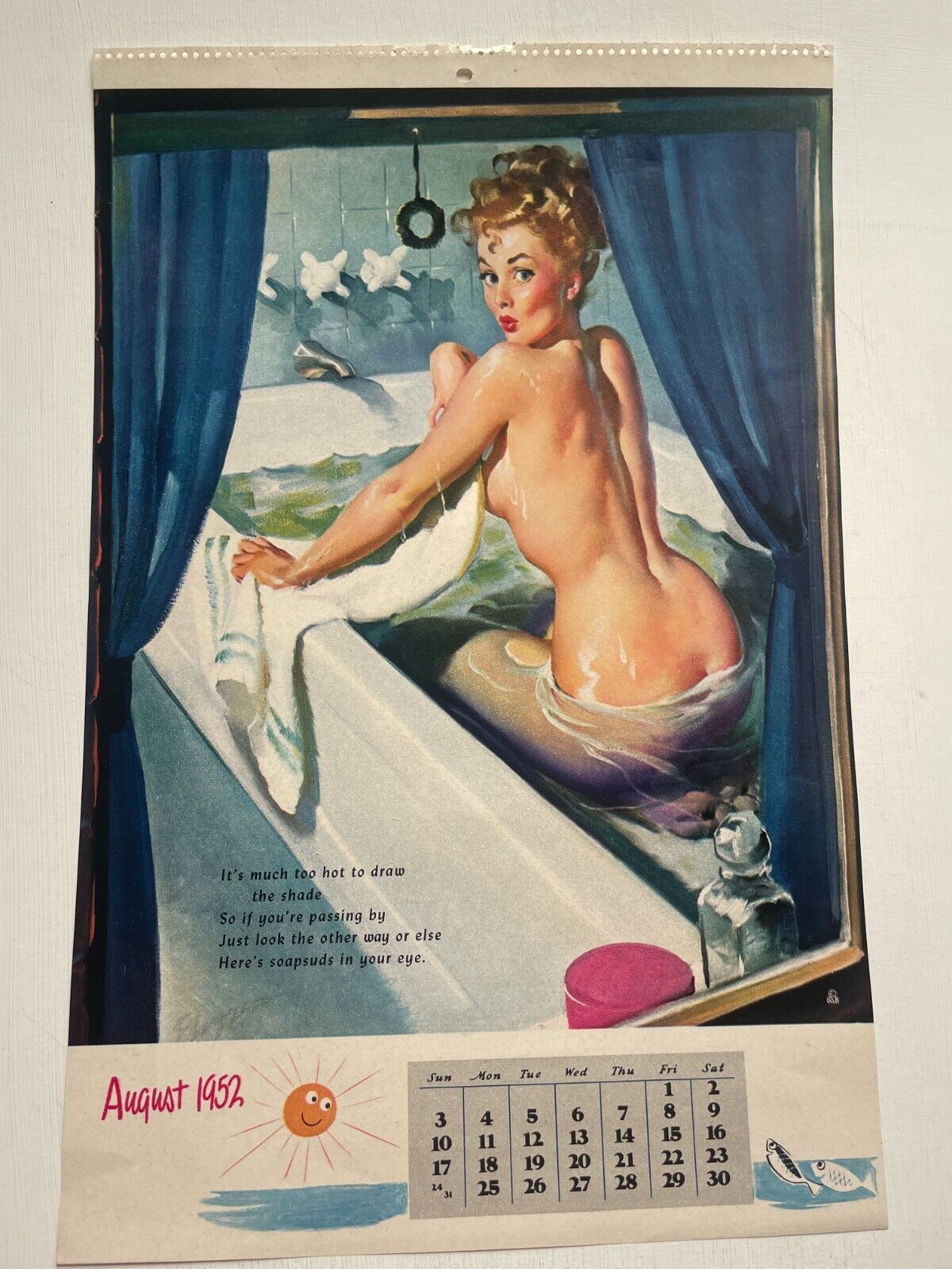 August 1952 Pinup Girl Calendar Page by Elvgren- Blond Woman in Bathtub