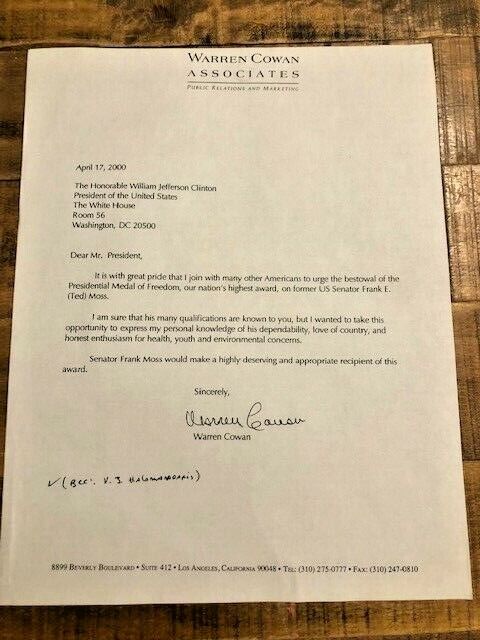 1 ORIGINAL Letter to Pres. Bill Clinton Fm: Warren Cowan / Amer. Publicist