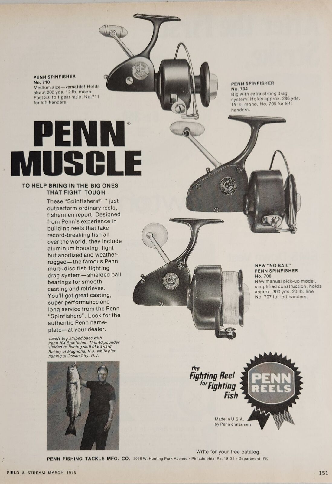 1975 Print Ad Penn Spinfisher Fishing Reels 3 Types Shown 46 LB Striped Bass
