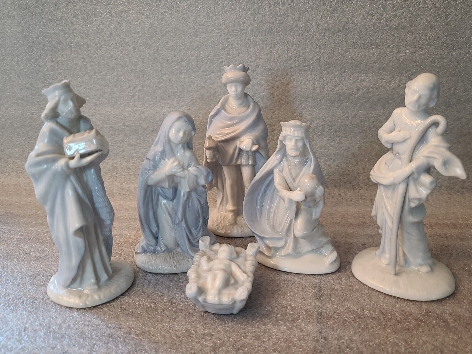 Vintage 1987 Schmid Santini Blue/White Porcelain Nativity Set Of 6 Baby Jesus 