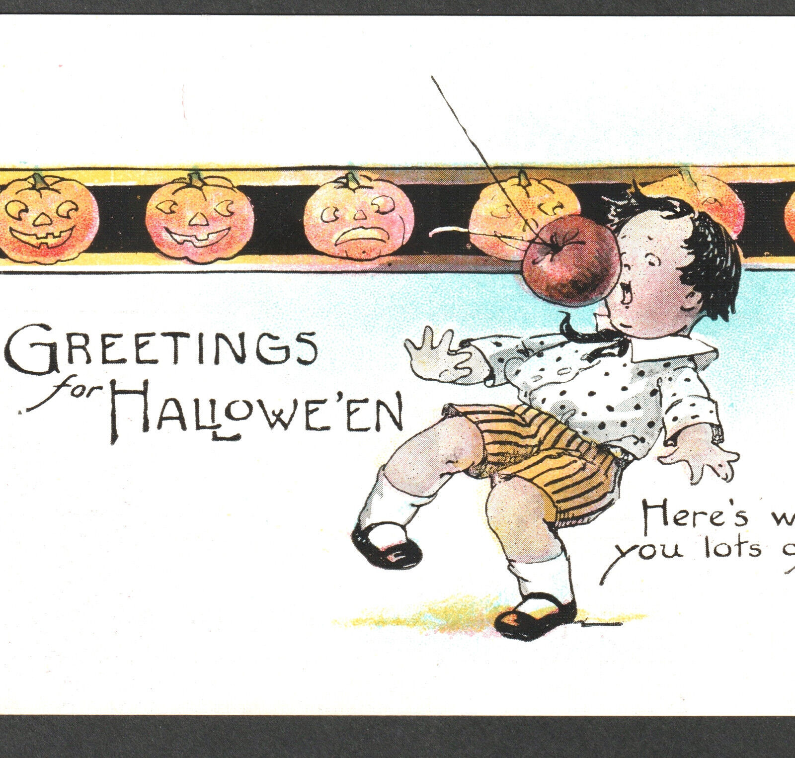 Antique Greetings for Halloween Party Series 298 JOL Pumpkin Apple Boy PostCard